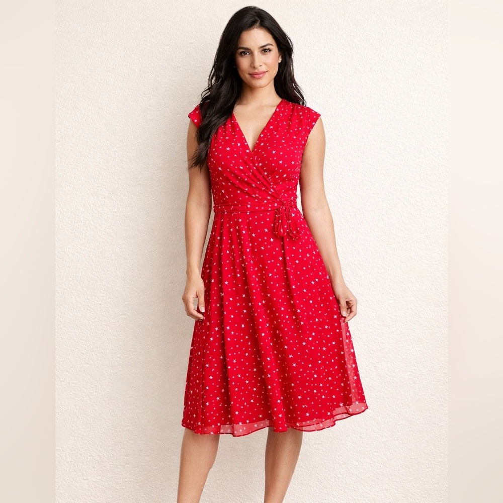 July 4 Dress Stars Print Wrap Dress ALine Waist Midi Sz 16 DressBarn Vintage